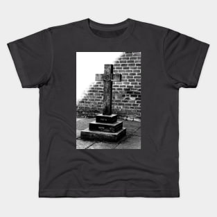 Dark cross on an old church, black and white photography Kids T-Shirt